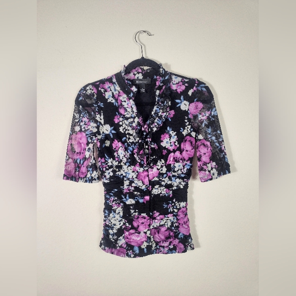 I.N.C. Floral Ruffle Front Ruched Button Hook & Eye Mesh Blouse Black Purple Y2K